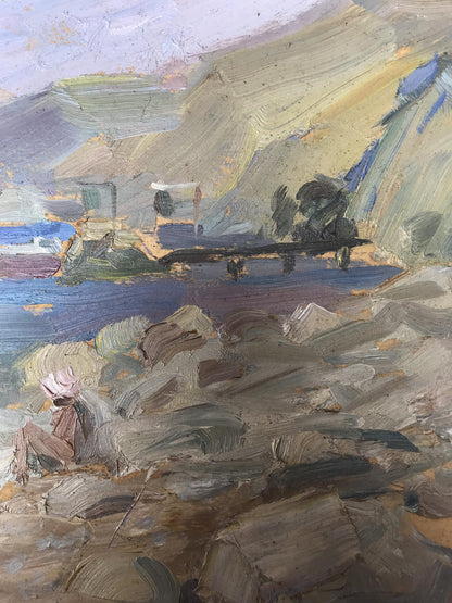 Oil painting Couple relaxing on the sea Unknown artist