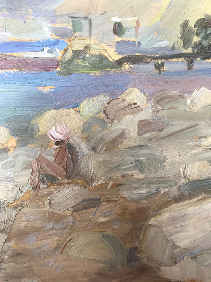 Oil painting Couple relaxing on the sea Unknown artist