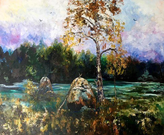 Oil painting Haystacks and forest Unknown artist