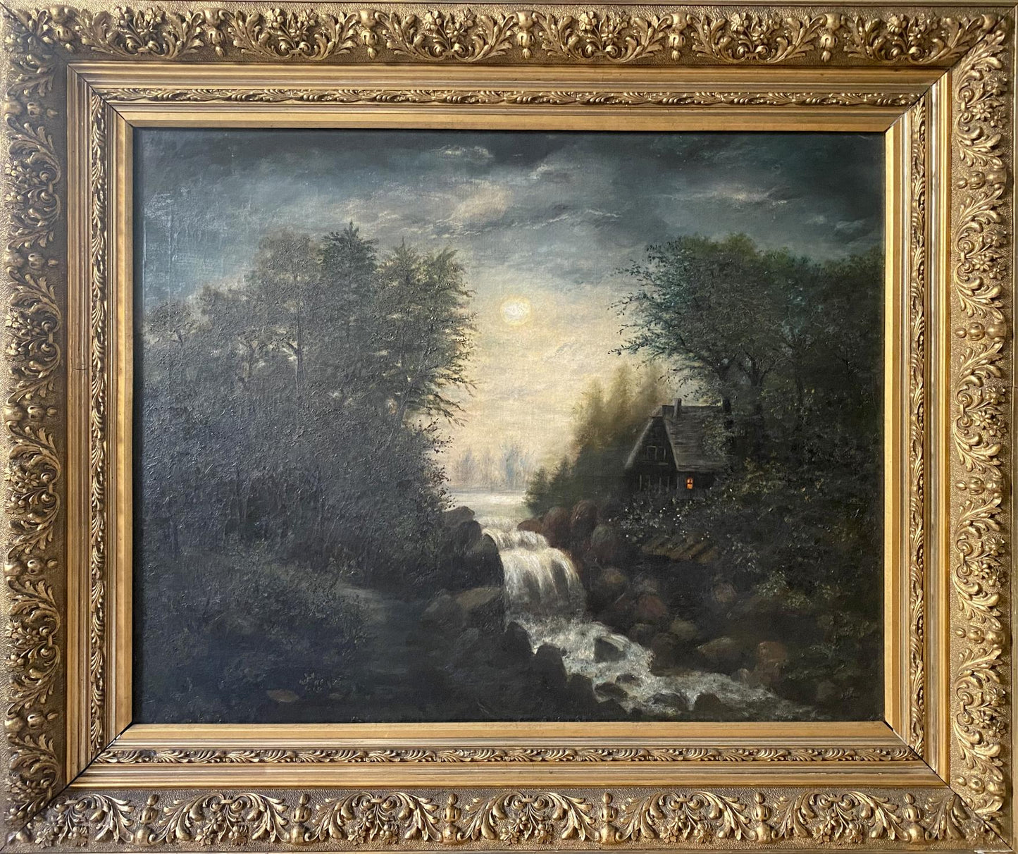 Oil painting House near the river European artist