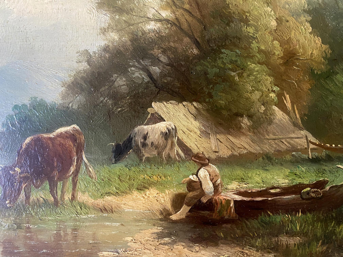 Oil painting Cows at the waterhole European artist