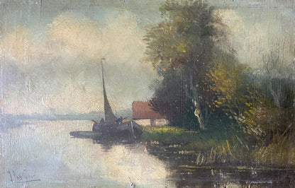 Oil painting River bank European artist