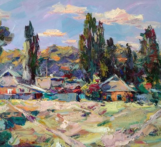 Oil painting Village evening 