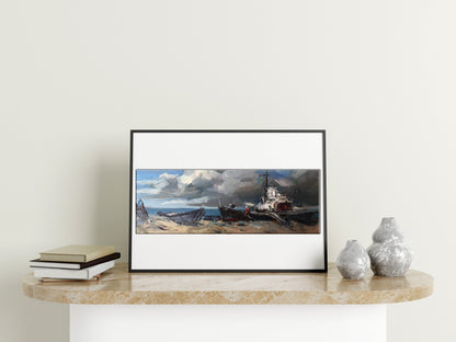 Alexander Nikolaevich Cherednichenko's oil artwork portraying a ship on the coast