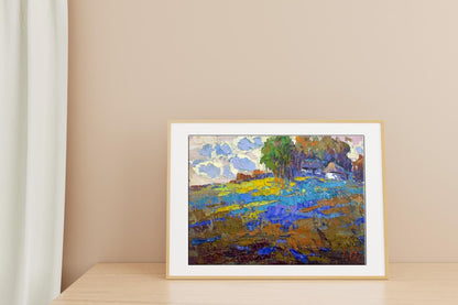 Oil painting village fields