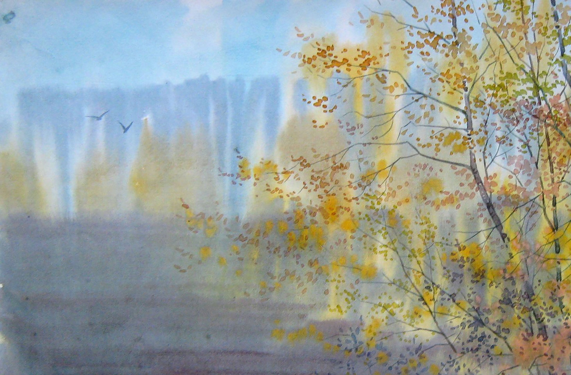 Watercolor painting October Nature Landscape Savenets Valery