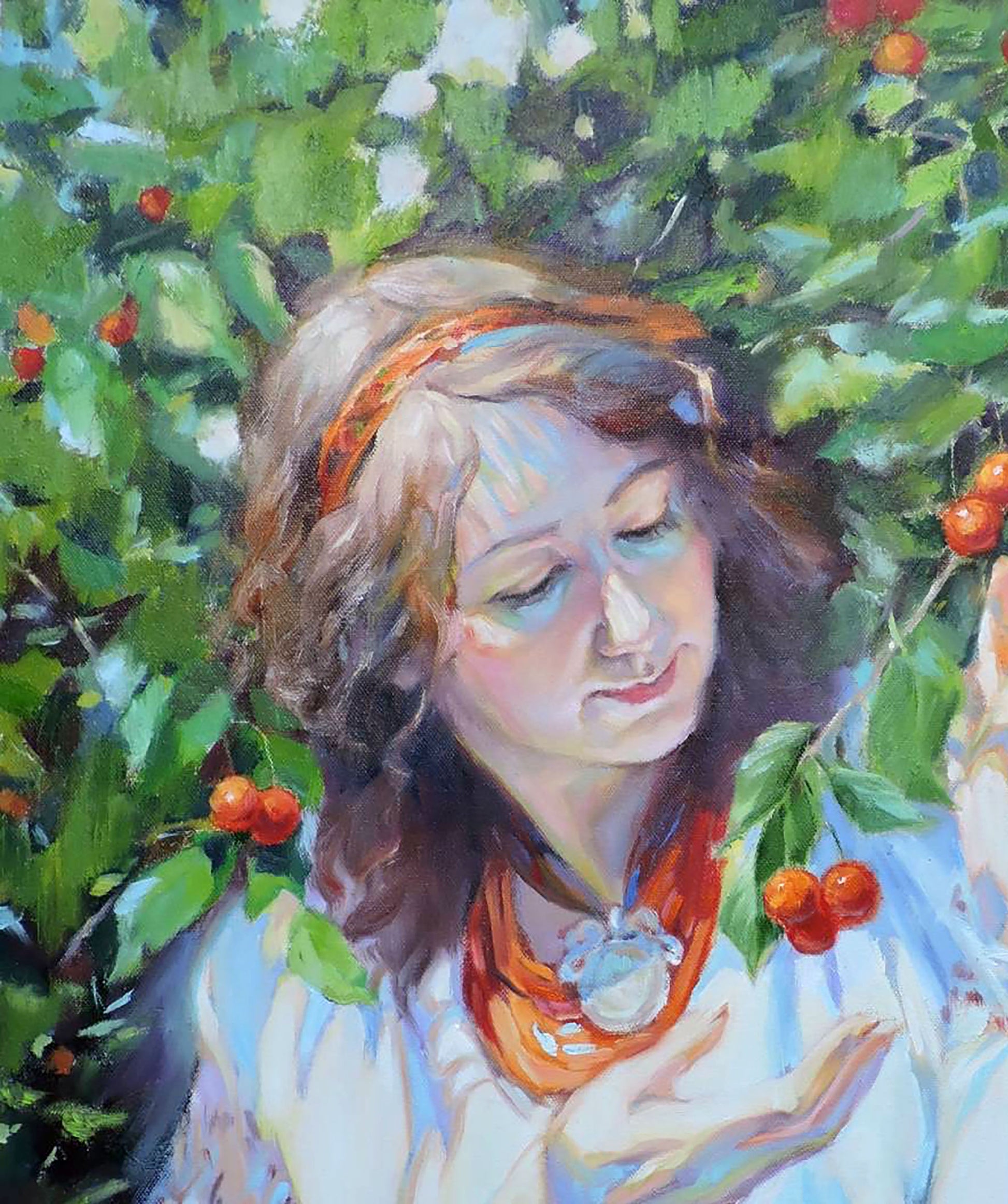 Oil painting Woman Under the cherries Osnach Olesia
