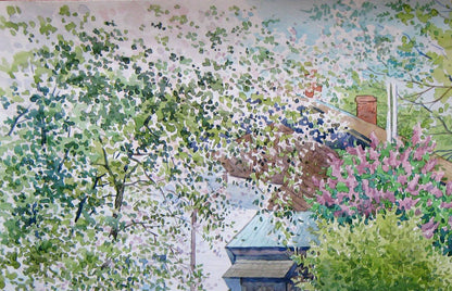 Watercolor painting countryside, rural yard Savenets Valery