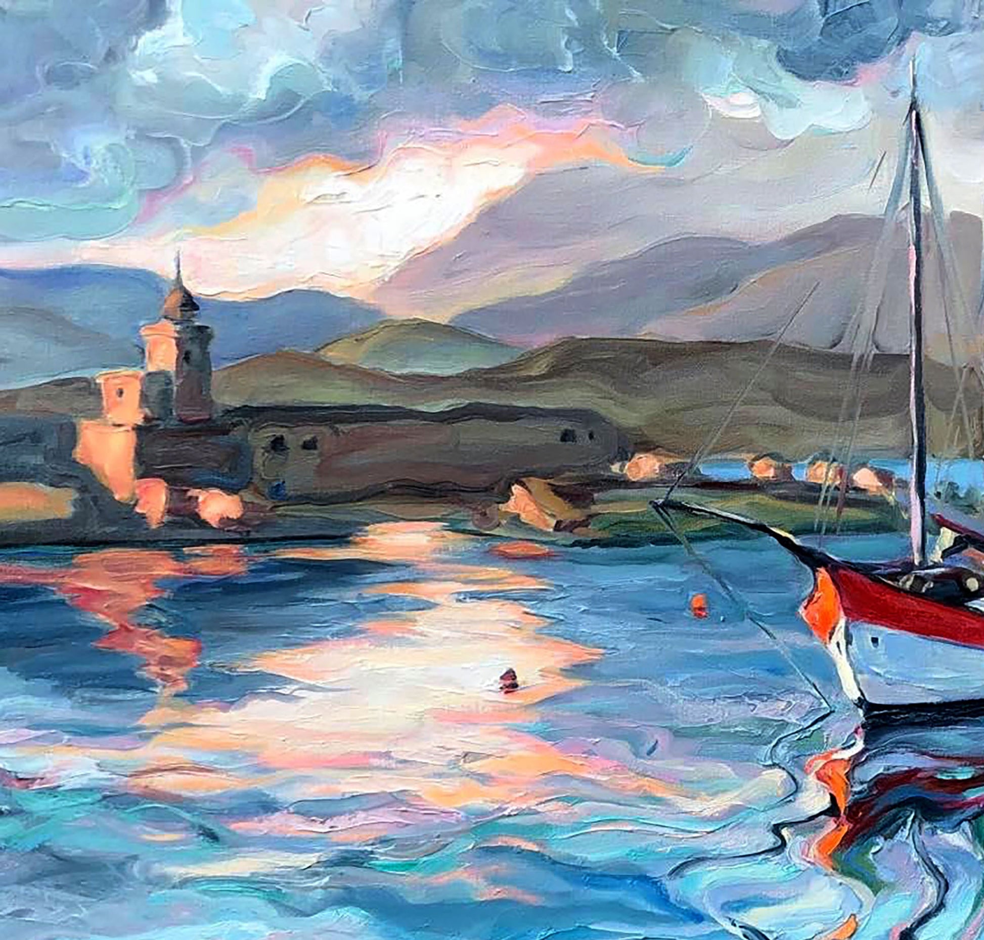 Oil painting Sea red boat Olesia Osnach
