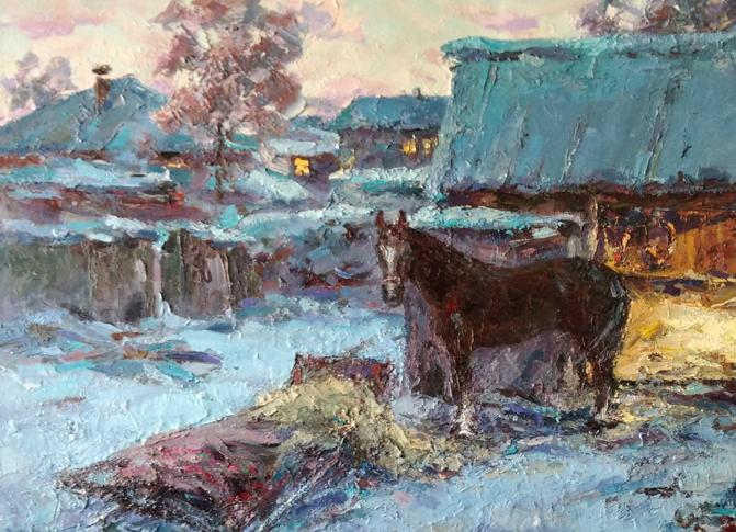 Oil painting Winter Village yard 