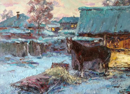 Oil painting Winter Village yard 