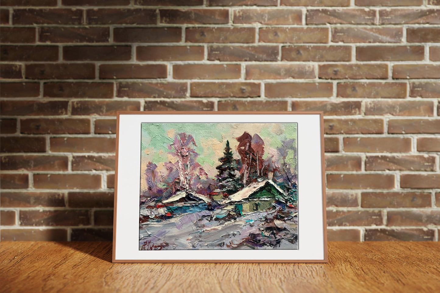 Oil painting Winter sunset over the village 