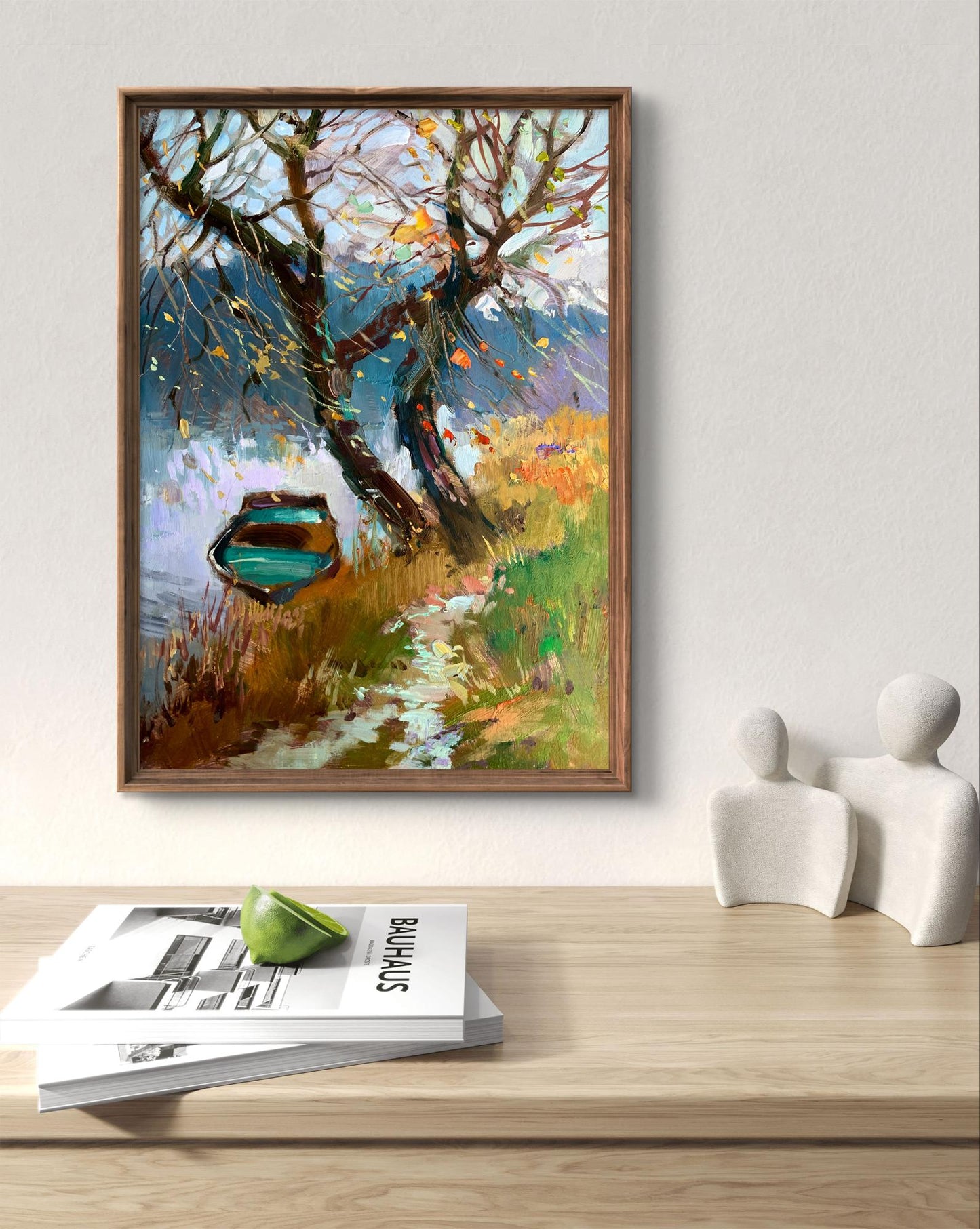 OIl painting A boat near two bare trees Yuriy Suprunchuk