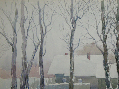 Watercolor painting Village landscape snow Savenets Valery