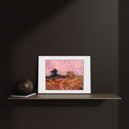 Oil painting Pink evening in the field 