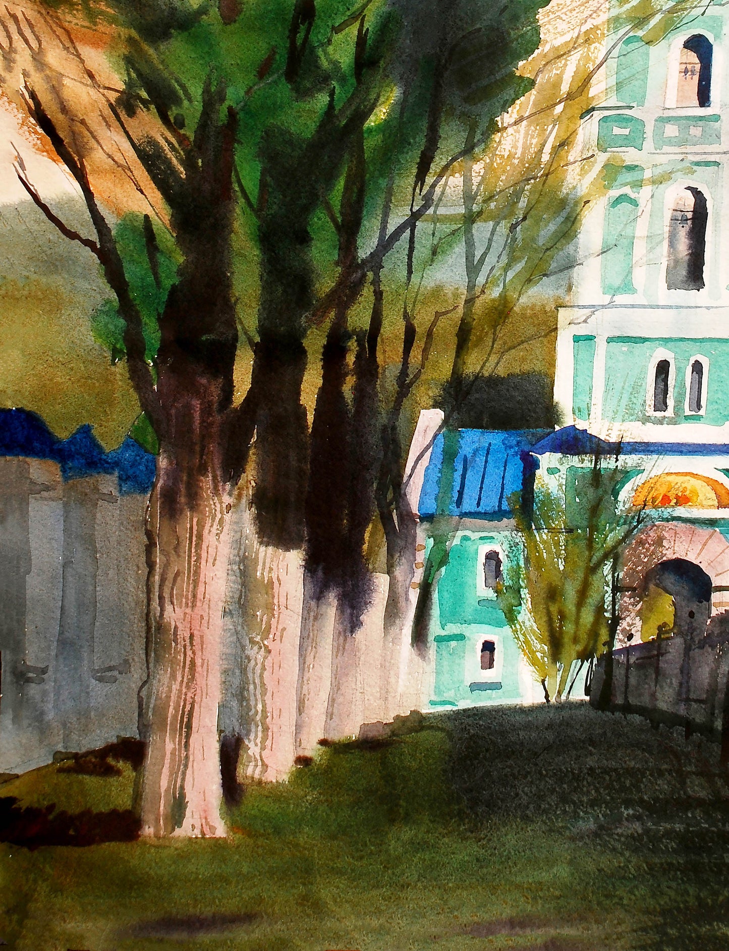 Watercolor painting Landscape with a church Egor Shvachunov
