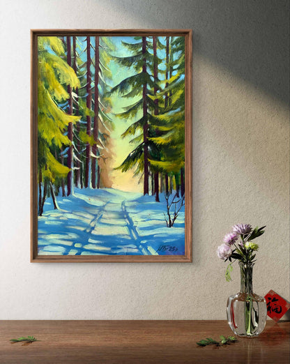 Oil painting Snowy road in the forest Mykhailo Burdylo