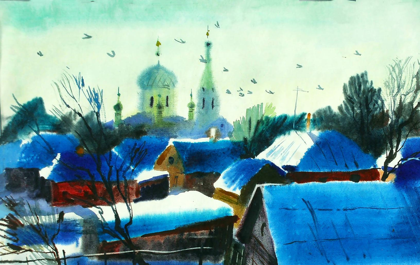 Watercolor painting Winter in Lebedyn Egor Shvachunov