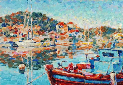 Acrylic painting Sea Red Boat Osnach Olesia