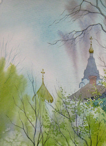 Watercolor painting Temple Orthodox Church Kalebets Valery