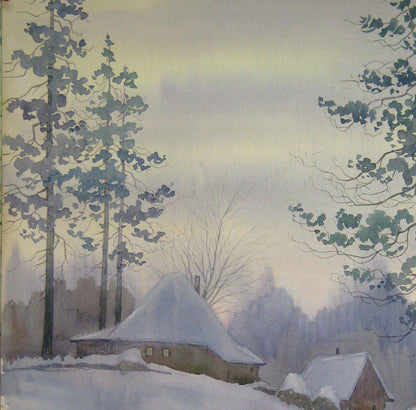 Watercolor Winter Village Landscape  Valery Savenets