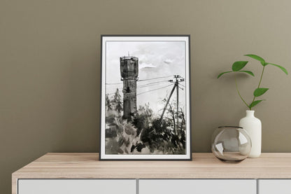 Watercolor painting View of the water tower Smalchuk