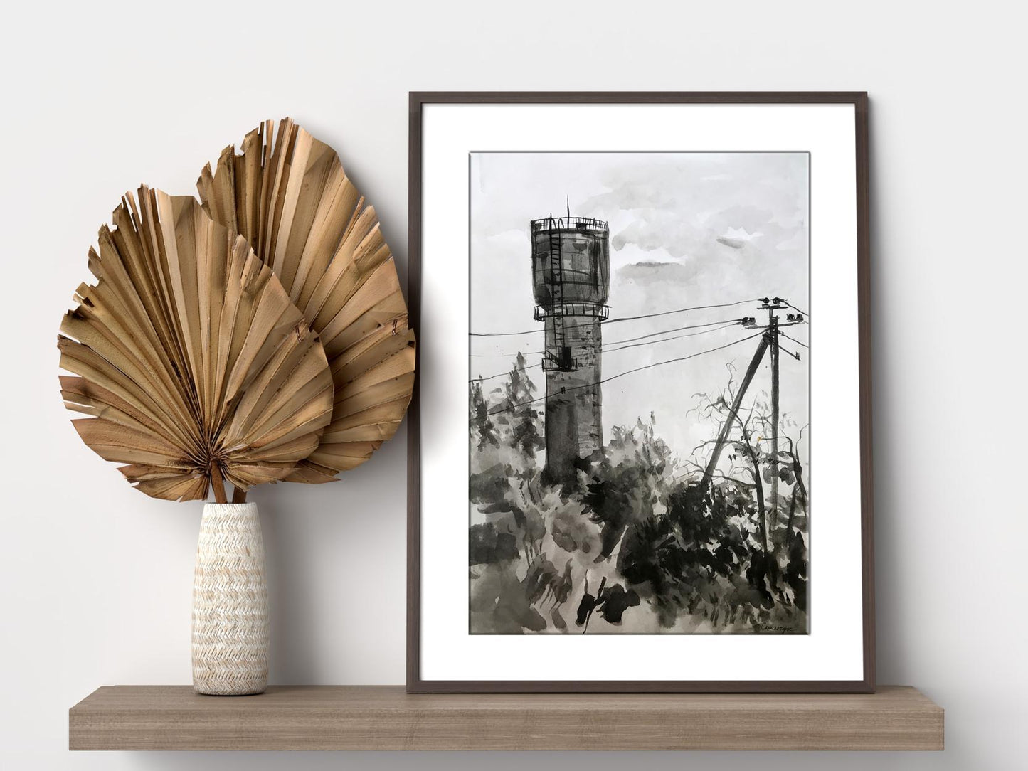 Watercolor painting View of the water tower Smalchuk