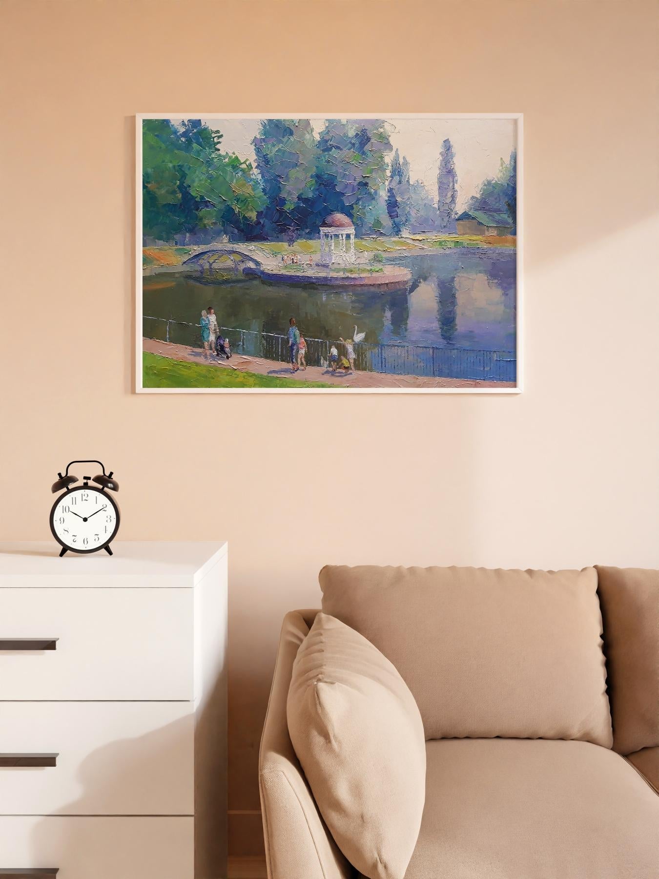 Boris Petrovich Serdyuk captures the tranquility of a city garden in his oil painting