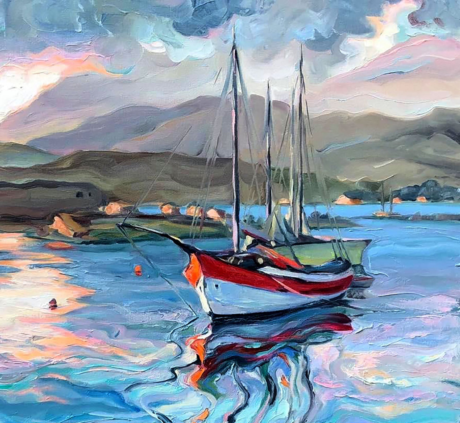 Oil painting Sea red boat landscape Olesia Osnach