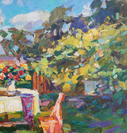 Oli painting Summer village yard Pereta Vyacheslav