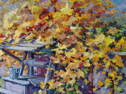 Oil painting Autumn Village landscape 