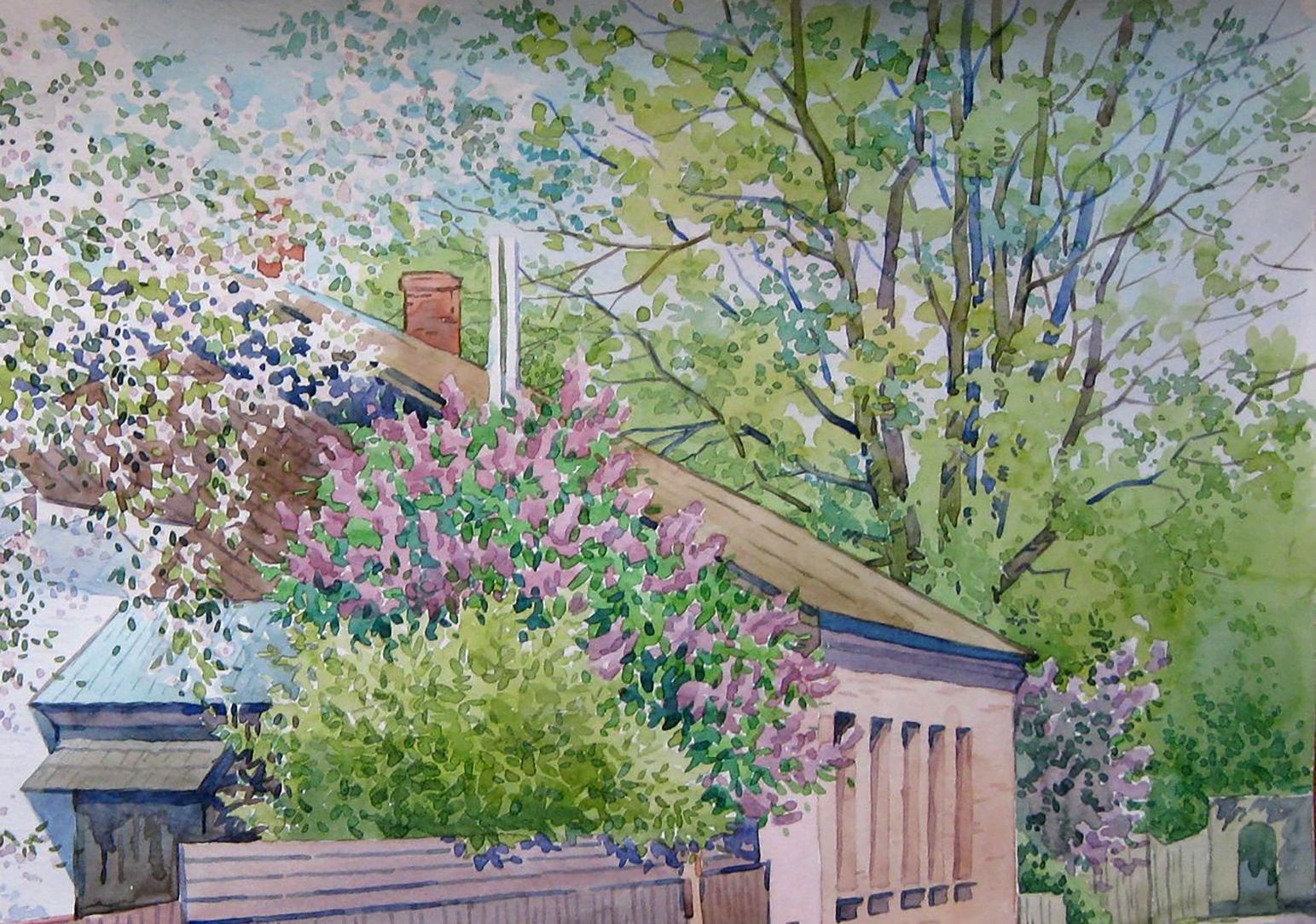 Watercolor painting Spring Village landscape 