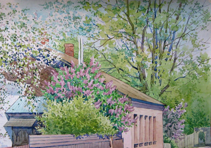 Watercolor painting Spring Village landscape 