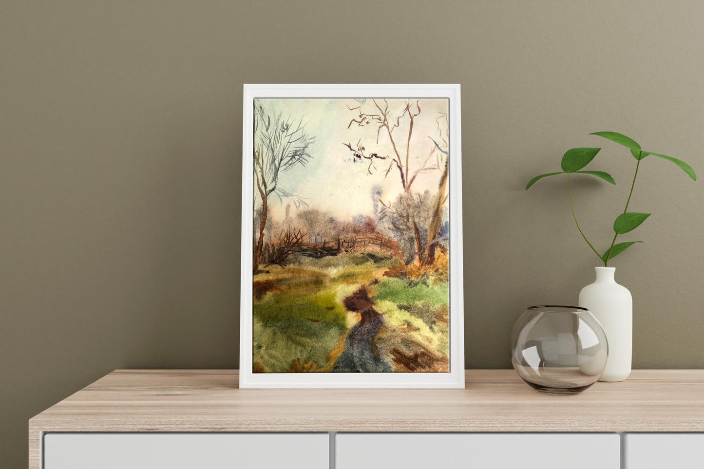 Riaboka's watercolor artwork, "In the Woods," illustrating the peaceful ambiance of forest scenery.