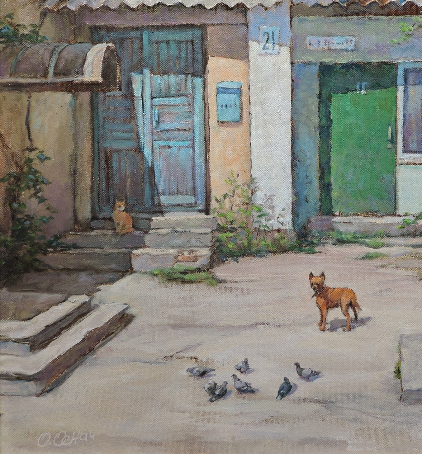 Oil painting Summer Old town yard Osnach Olesia