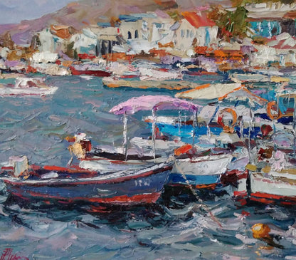 Oil painting depicting "Boats Near the Pier" by Alexander Nikolaevich Cherednichenko
