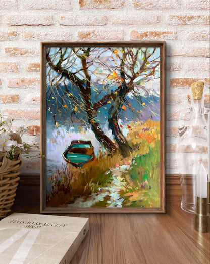 OIl painting A boat near two bare trees Yuriy Suprunchuk