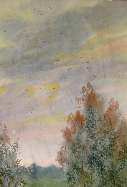 Watercolor painting Rural landscape 
