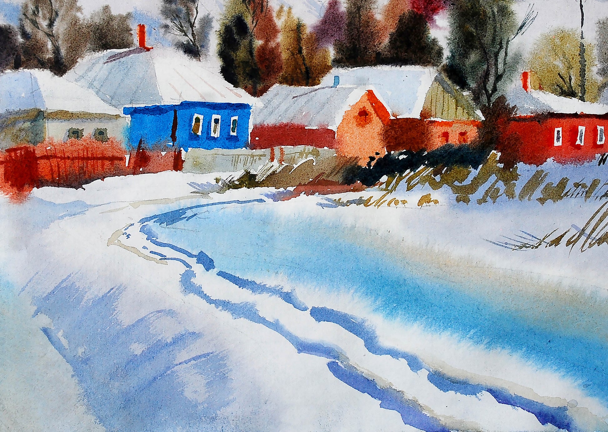 The winter landscape is captured in watercolor by Egor Shvachunov