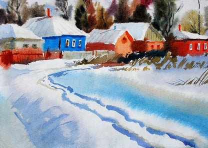 The winter landscape is captured in watercolor by Egor Shvachunov