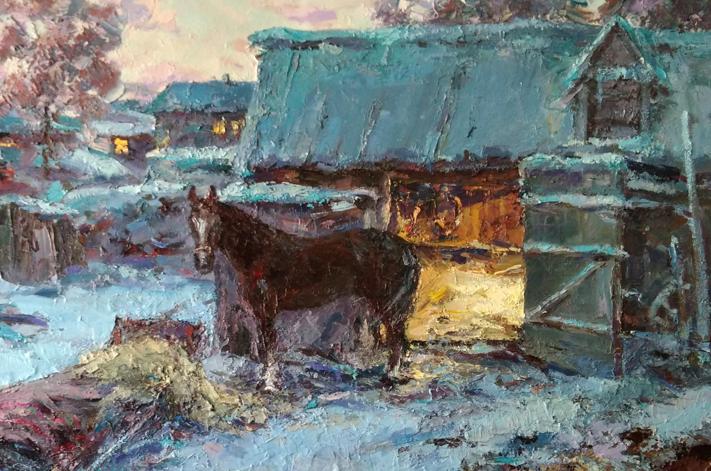 Oil painting Winter Rural landscape 