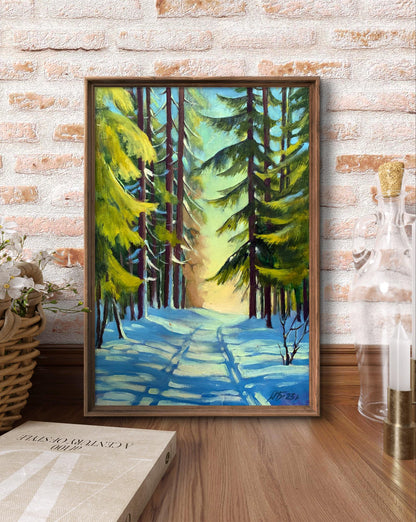 Oil painting Snowy road in the forest Mykhailo Burdylo