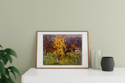 Oil painting Autumn twilight and yellow tree Oksana Ivanyuk