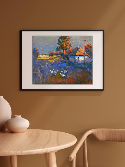 Autumn Village and Geese, an oil painting by Oksana Ivanyuk