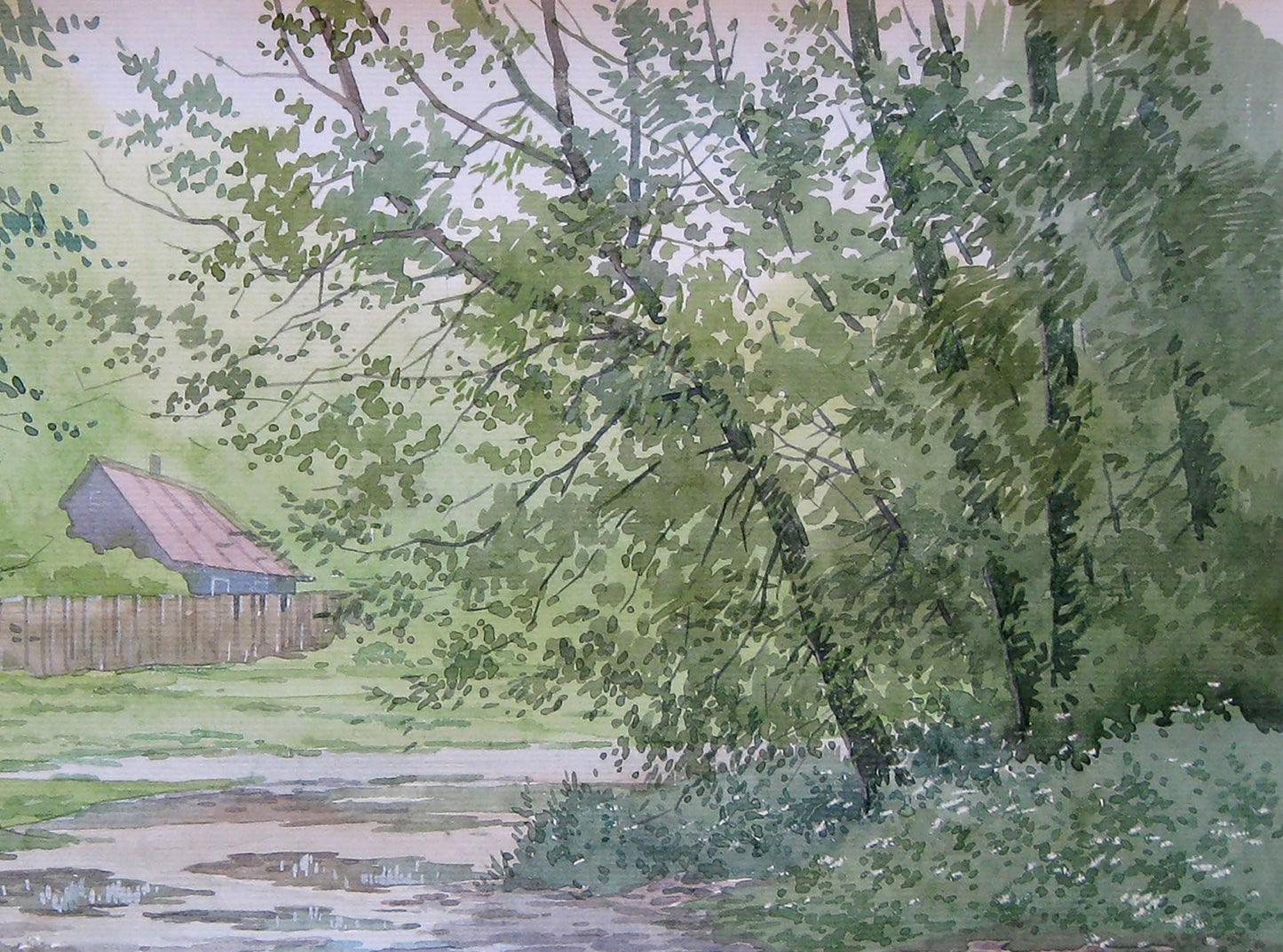 Watercolor painting Village landscape 