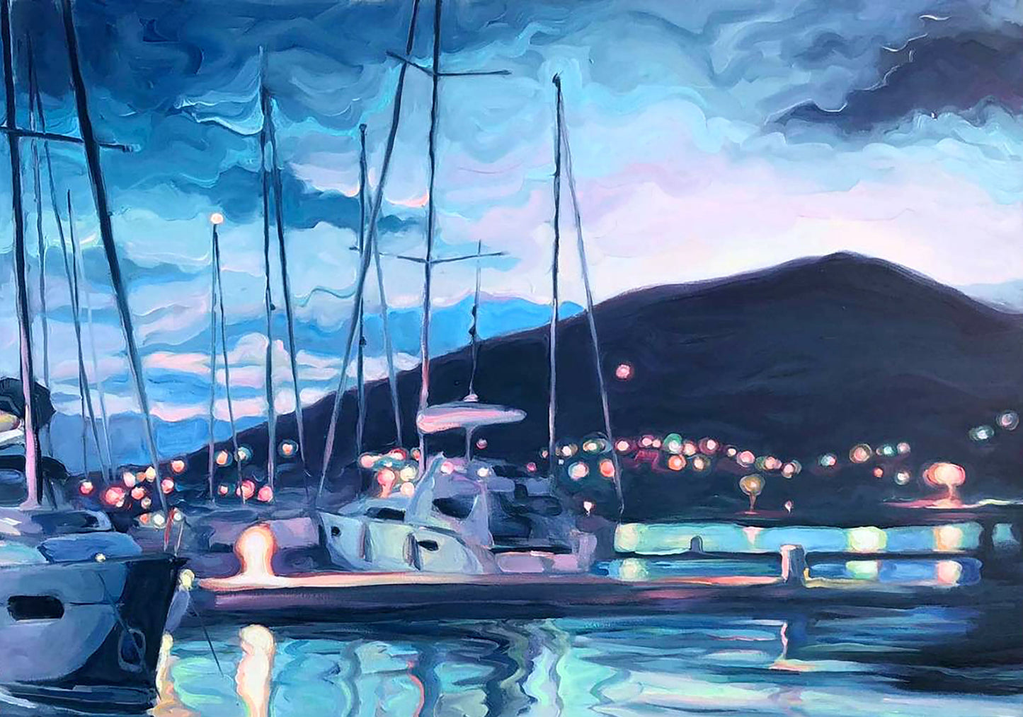 Oil painting Evening sea Boats Osnach Olesia