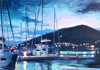 Oil painting Evening sea Boats Osnach Olesia