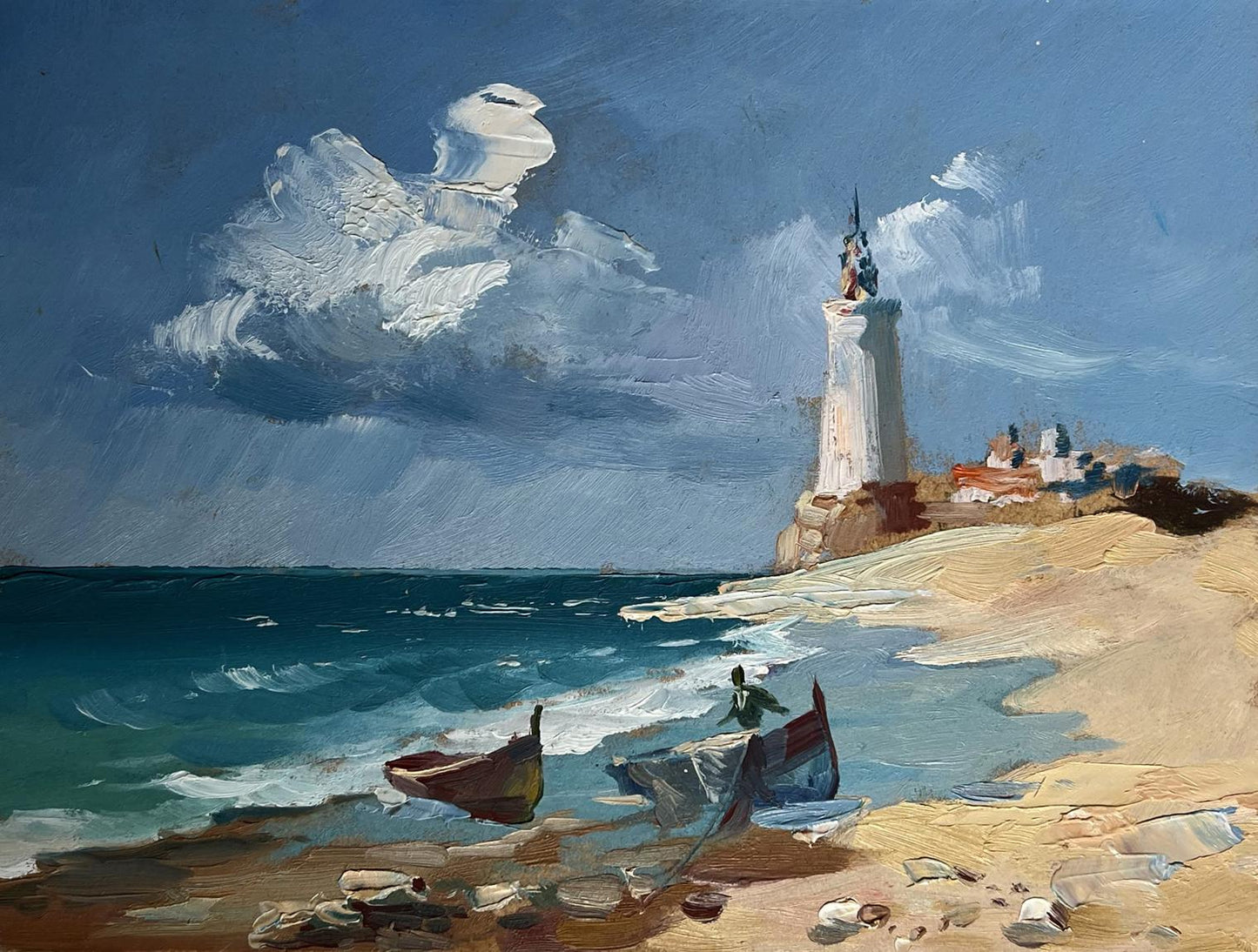 OIl painting Boats at the lighthouse Yuriy Suprunchuk