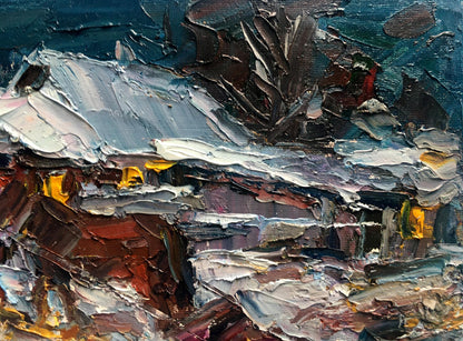 Oil painting Village winter evening 