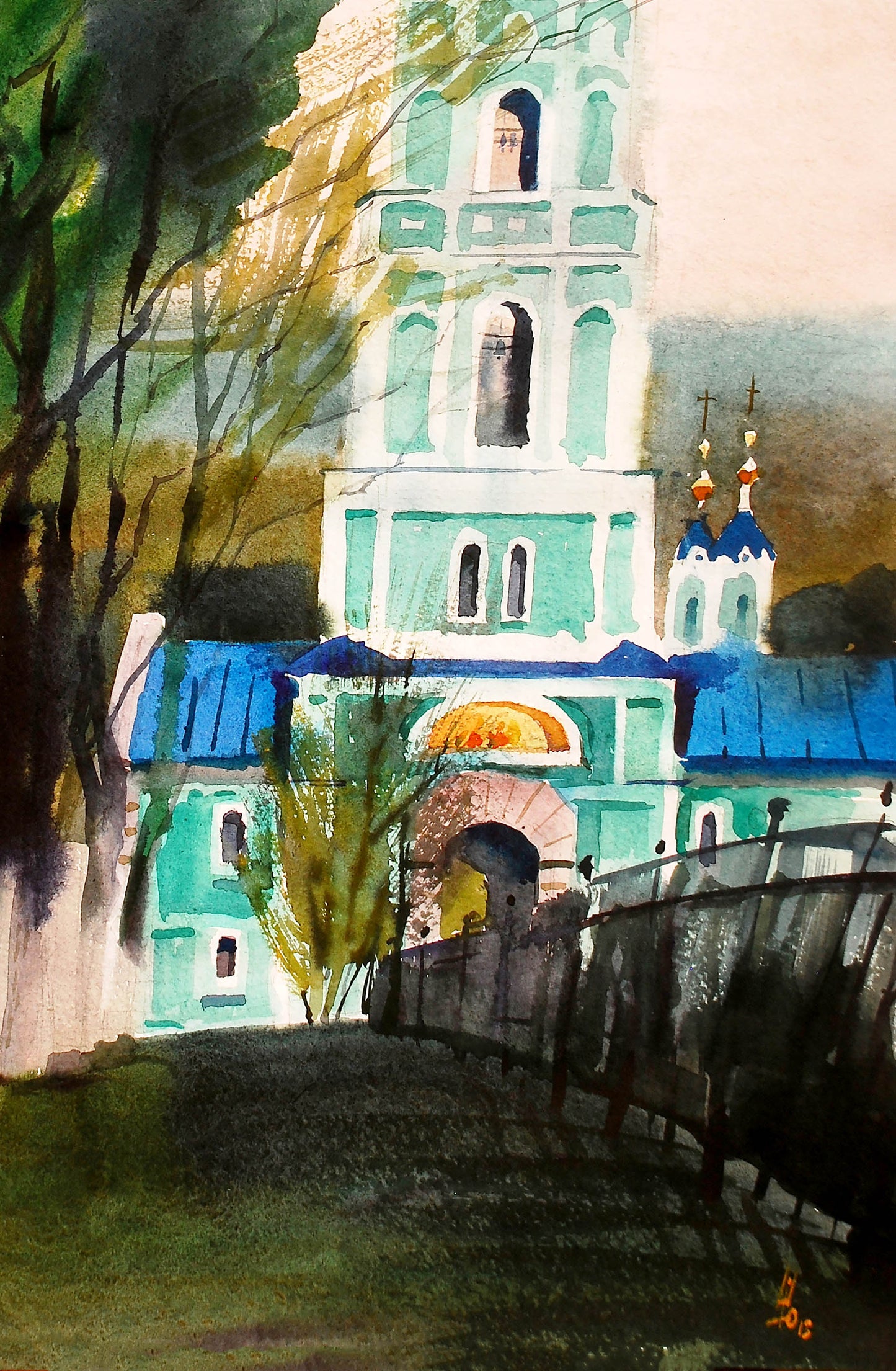 Watercolor painting Landscape with a church Egor Shvachunov